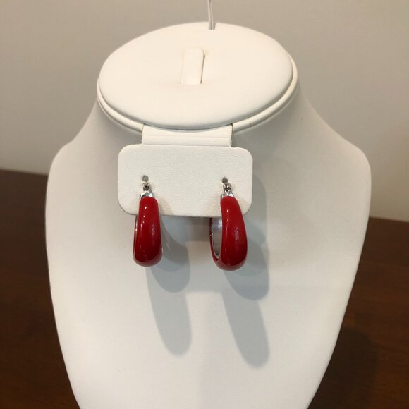 Cute Red Silver Tone Hoop Earrings. - Picture 5 of 10